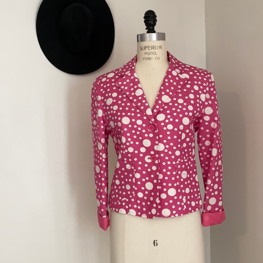 Larry Levine Pink Polkadot Linen Blend Blazer